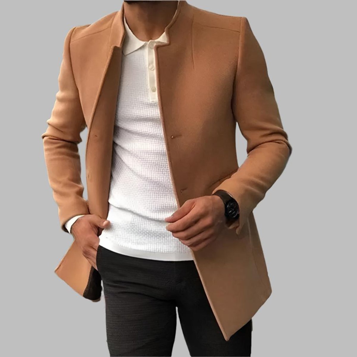 Men's Slim Collarless Wool Coat with Open Front – Camel