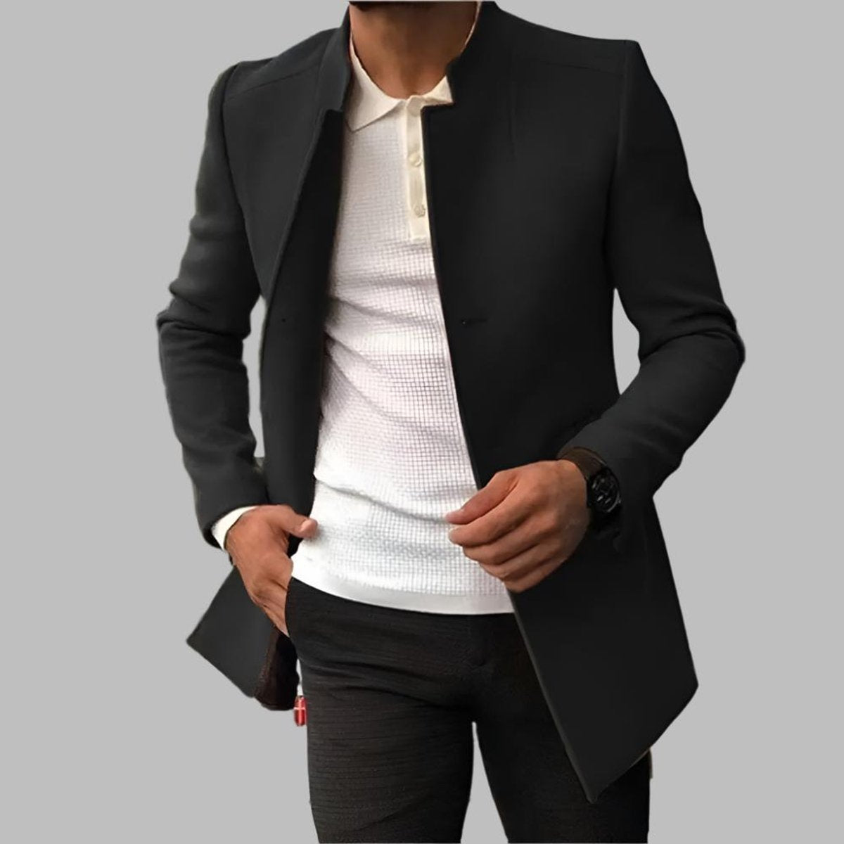 Men's Slim Collarless Wool Coat with Open Front – Black