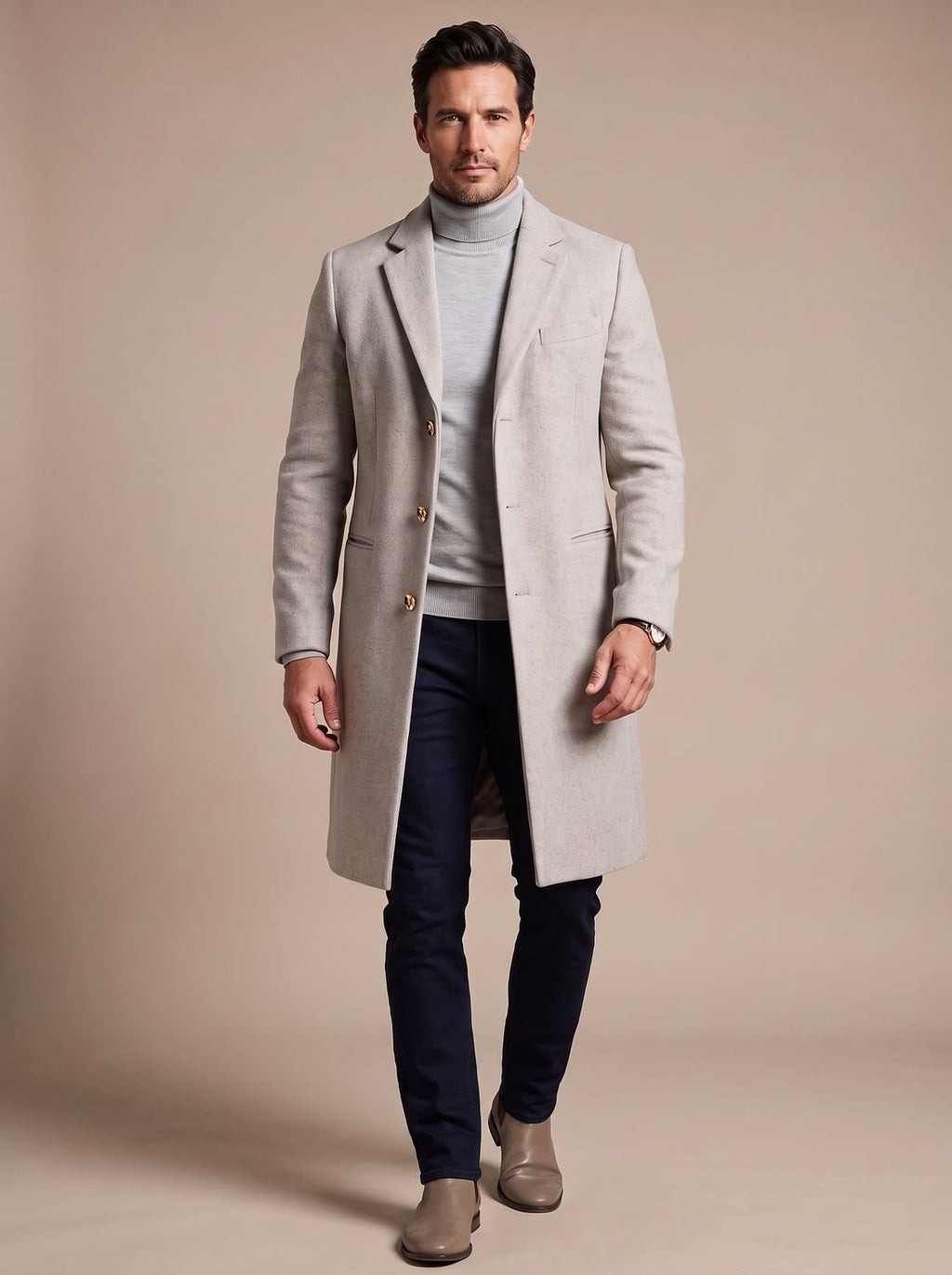 Men's Tailored Longline Topcoat with Gold-Tone Buttons