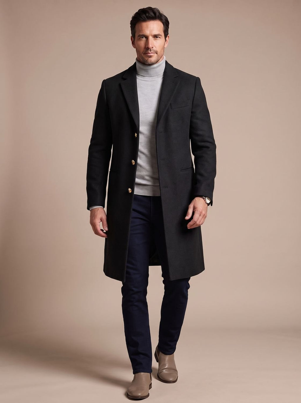 Men's Tailored Longline Topcoat with Gold-Tone Buttons - Black