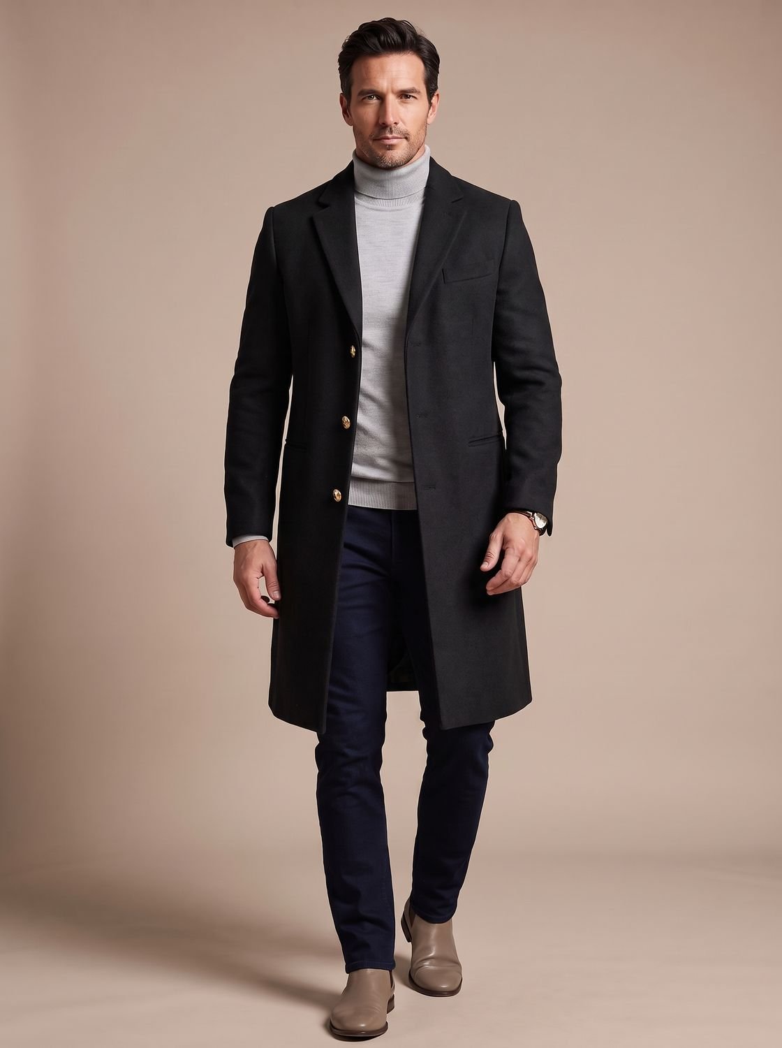 Men's Tailored Longline Topcoat with Gold-Tone Buttons - Black