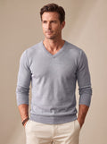 Men's Lightweight Stretch V-Neck Knit Jumper - Light Grey