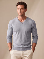Men's Lightweight Stretch V-Neck Knit Jumper - Light Grey