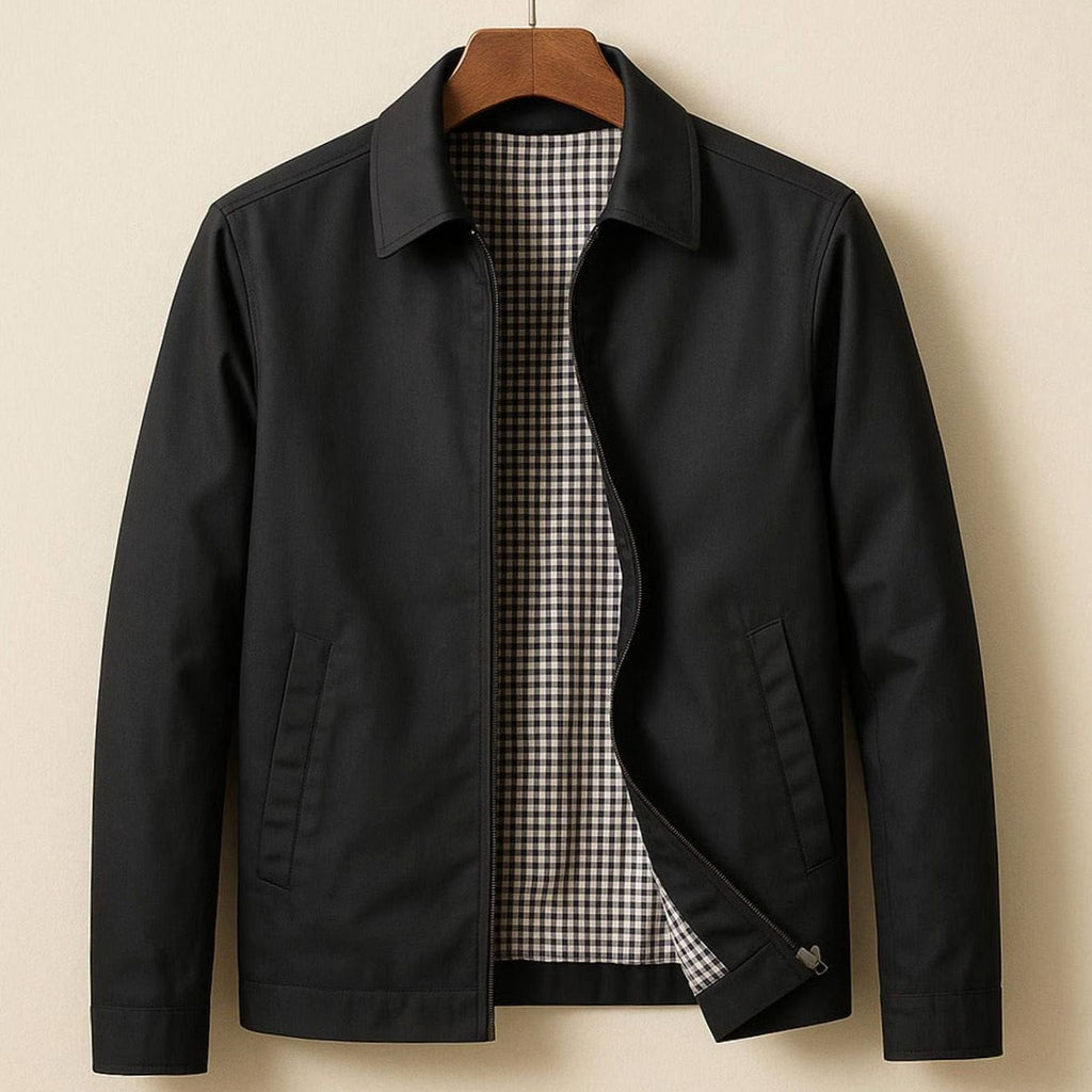 Men's Shirt-Collar Zip Harrington with Check Lining - Black