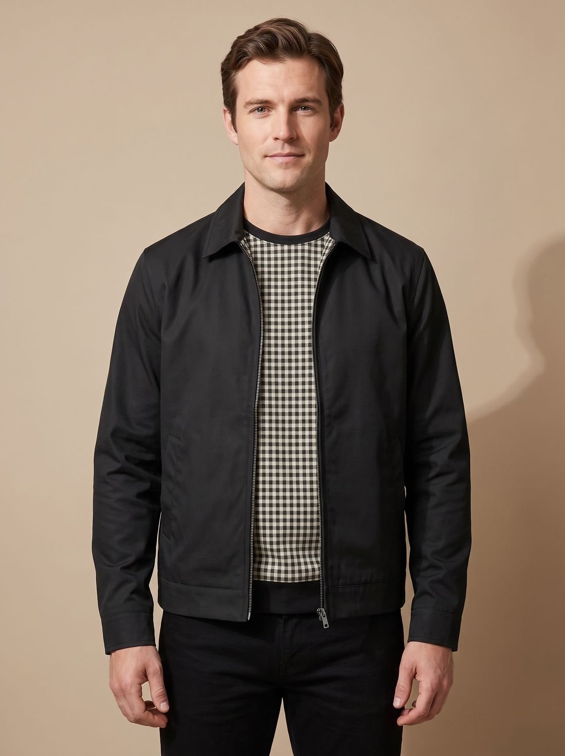 Men's Shirt-Collar Zip Harrington with Check Lining