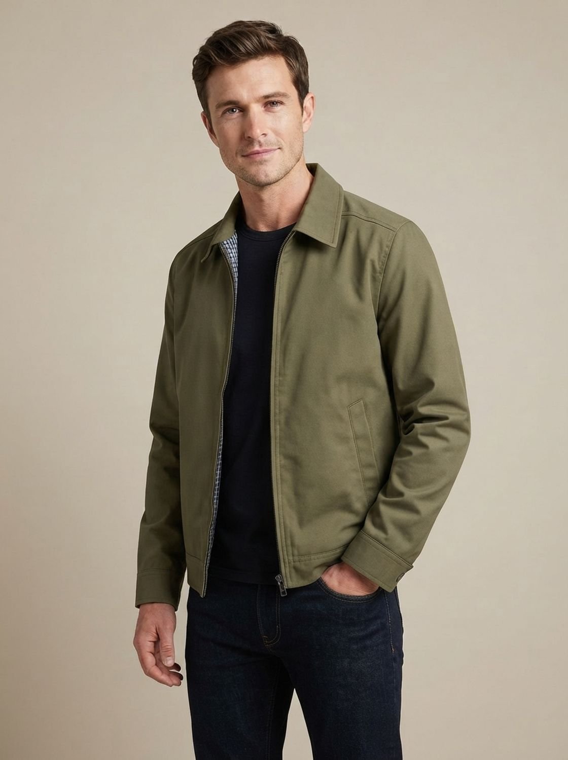 Men's Shirt-Collar Zip Harrington with Check Lining