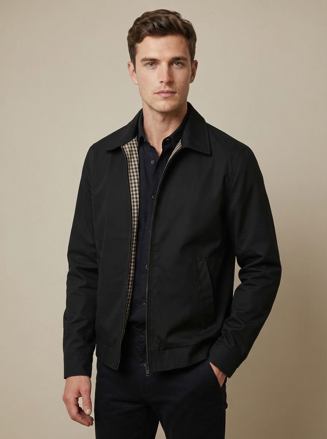 Men's Shirt-Collar Zip Harrington with Check Lining