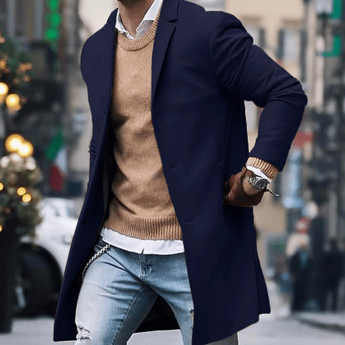 Men's Below-the-Knee Structured Shoulder City Coat - Navy Blue
