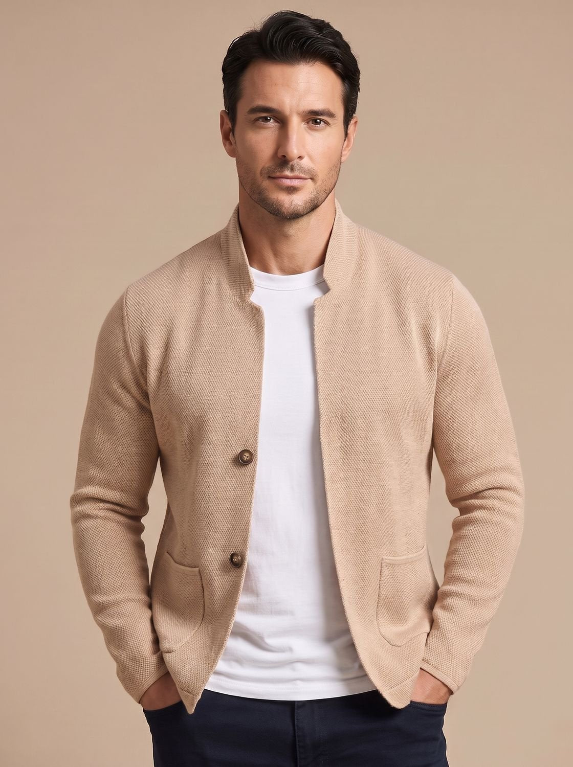 Men's Three-Button Stand Collar Textured Cardigan - Beige