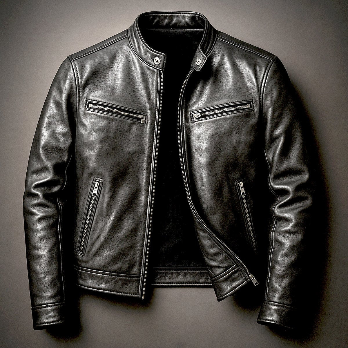 Men's Vintage Leather-Look Full-Zip Biker Jacket – Biker Black