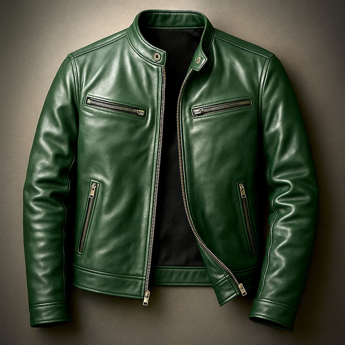 Men's Vintage Leather-Look Full-Zip Biker Jacket – Forest Green