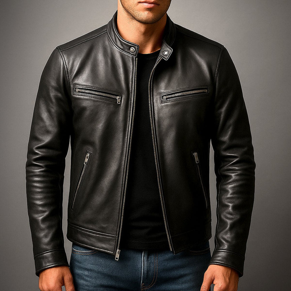 Men's Vintage Leather-Look Full-Zip Biker Jacket
