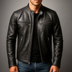 Men's Vintage Leather-Look Full-Zip Biker Jacket