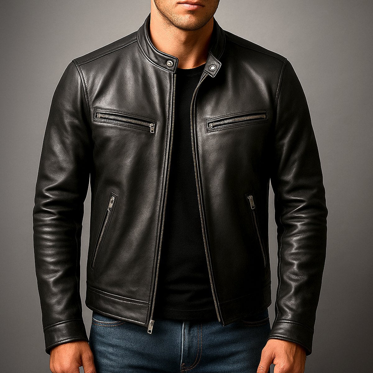 Men's Vintage Leather-Look Full-Zip Biker Jacket