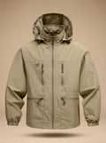 Men's Windproof Rain Jacket with Zip Pockets and Hood - Khaki
