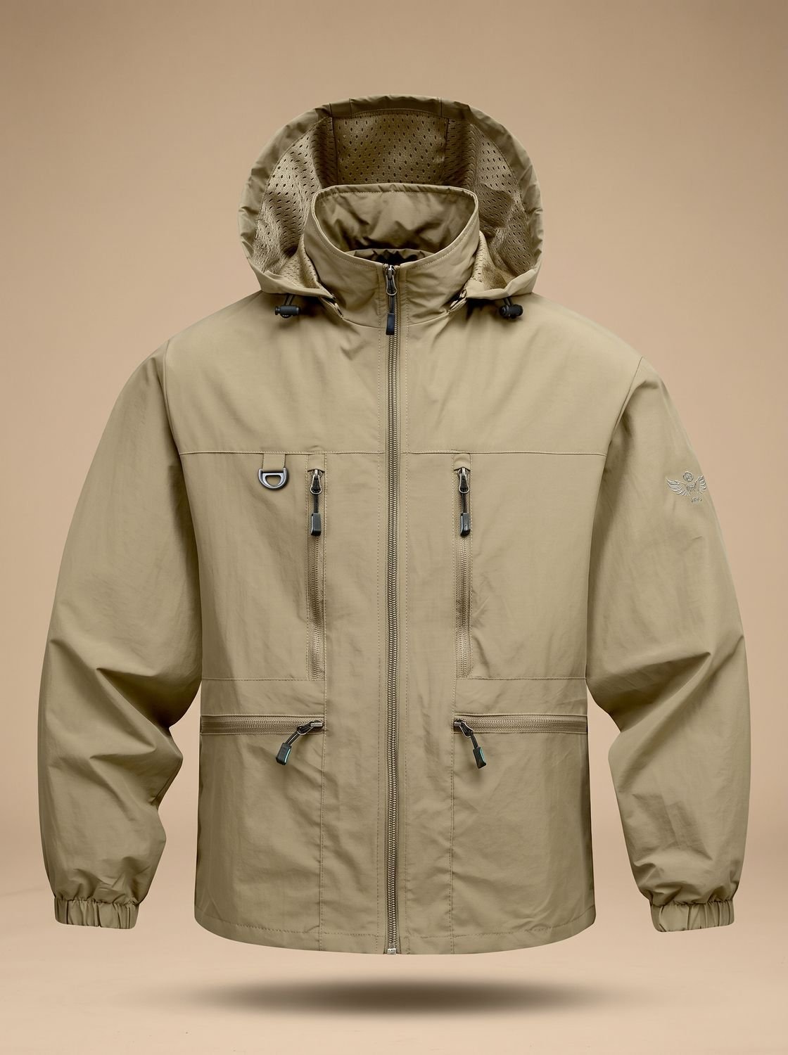 Men's Windproof Rain Jacket with Zip Pockets and Hood - Khaki