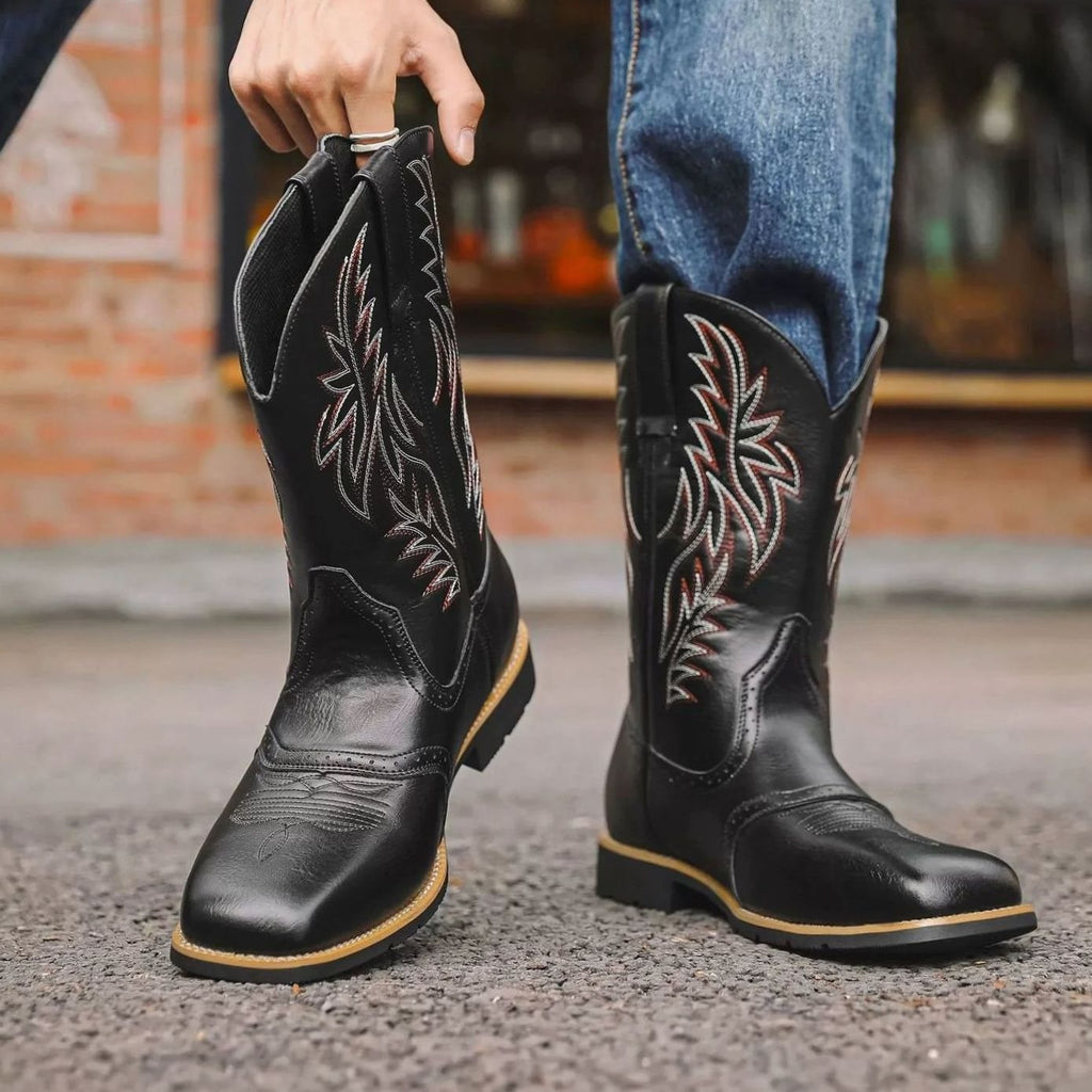 Men's Square Toe Leather Western Boots with Stitched Shaft