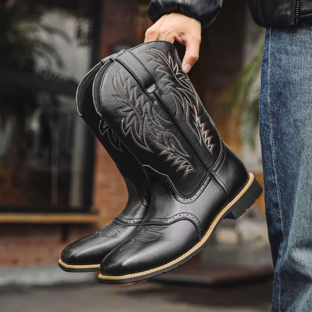 Men's Square Toe Leather Western Boots with Stitched Shaft - Black