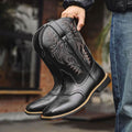 Men's Square Toe Leather Western Boots with Stitched Shaft - Black