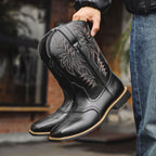 Men's Square Toe Leather Western Boots with Stitched Shaft - Black