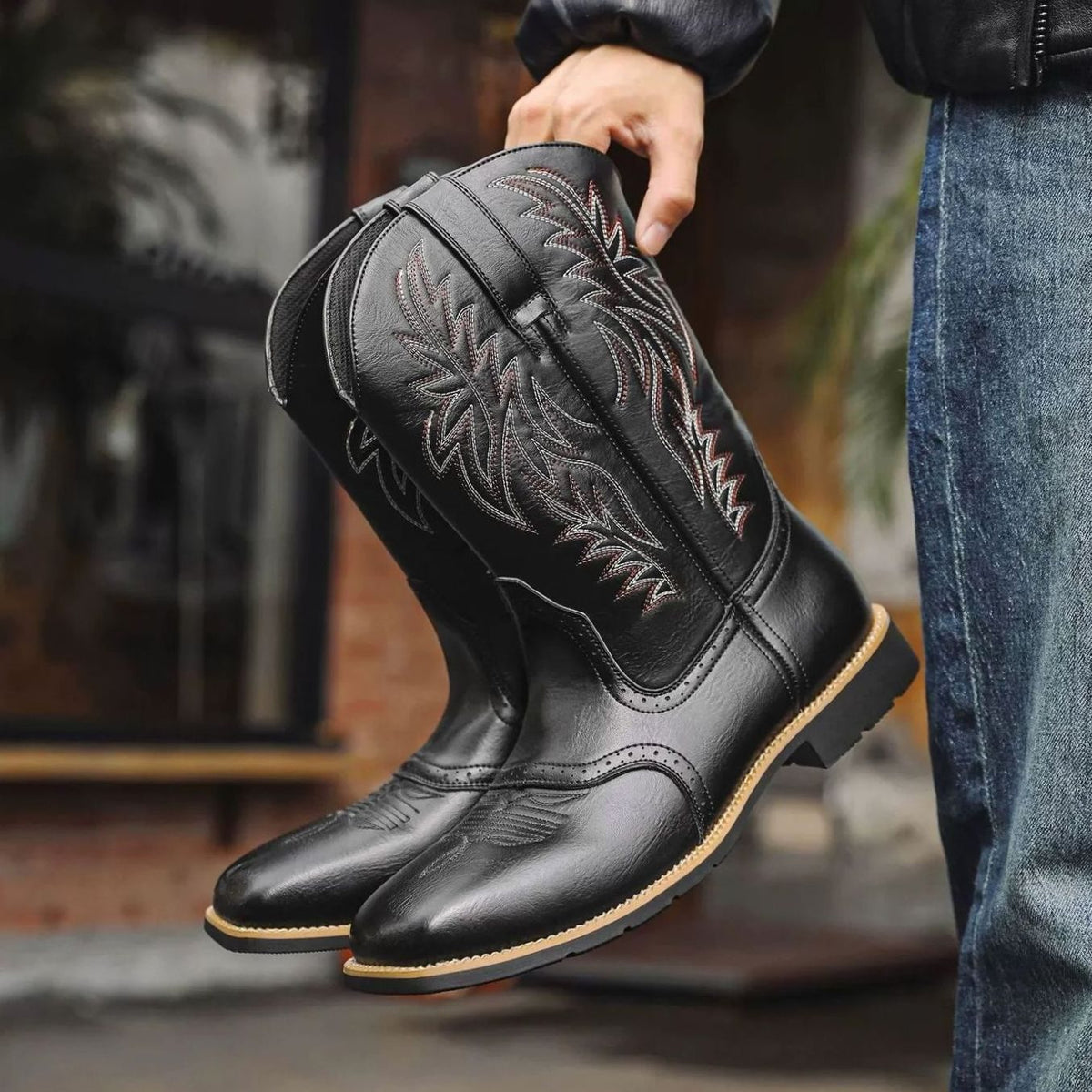 Men's Square Toe Leather Western Boots with Stitched Shaft - Black