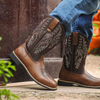 Men's Square Toe Leather Western Boots with Stitched Shaft