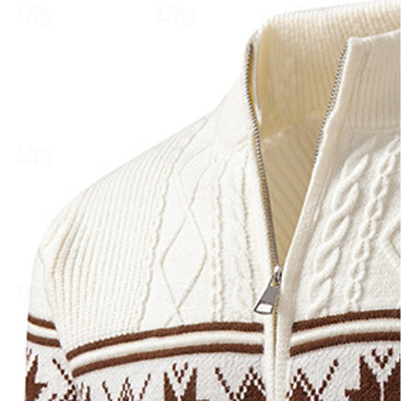 Women's Ribbed Knit Stand Collar Fair Isle Zip Cardigan