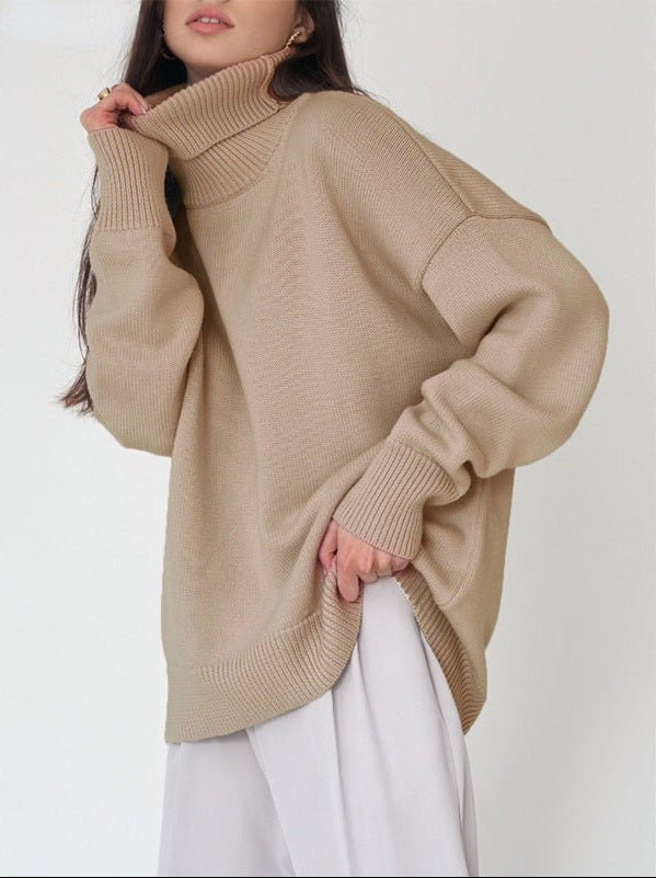 Women's Dropped-Shoulder Roll-Neck Jumper Minimalist Oversized Knit – Khaki
