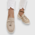 Women's Slip-On Tassel Loafers with Flat Sole – Beige