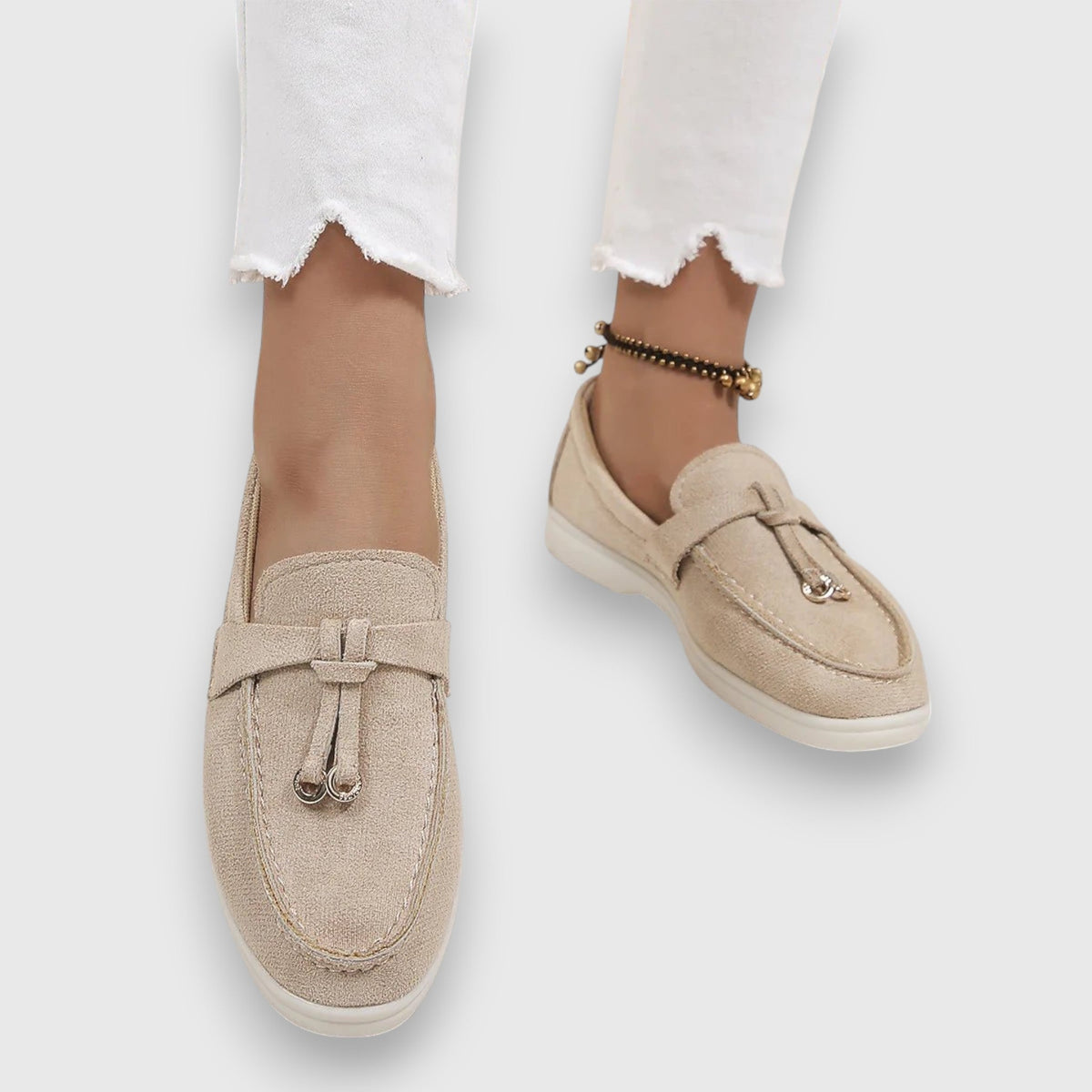 Women's Slip-On Tassel Loafers with Flat Sole – Beige