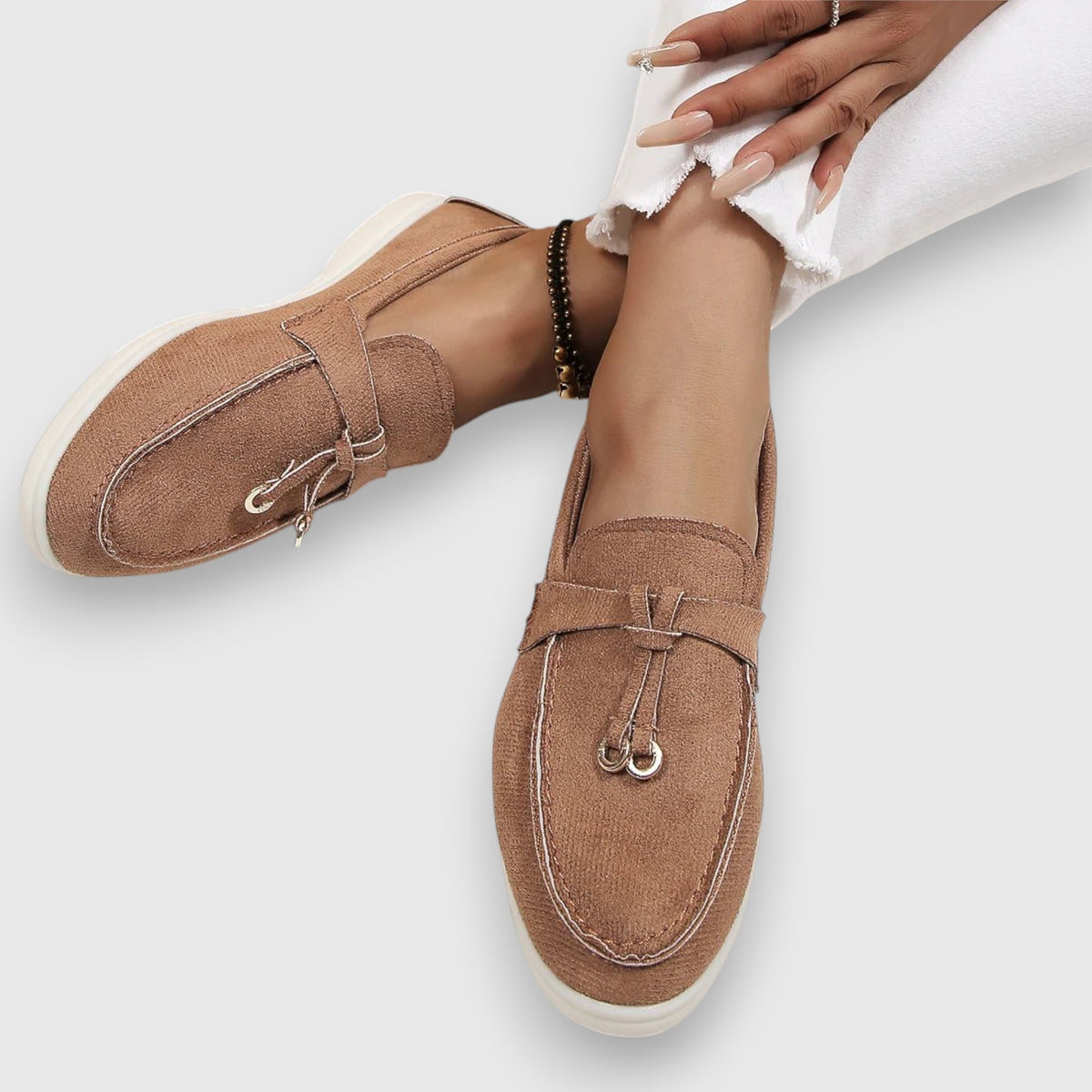 Women's Slip-On Tassel Loafers with Flat Sole – Light Brown