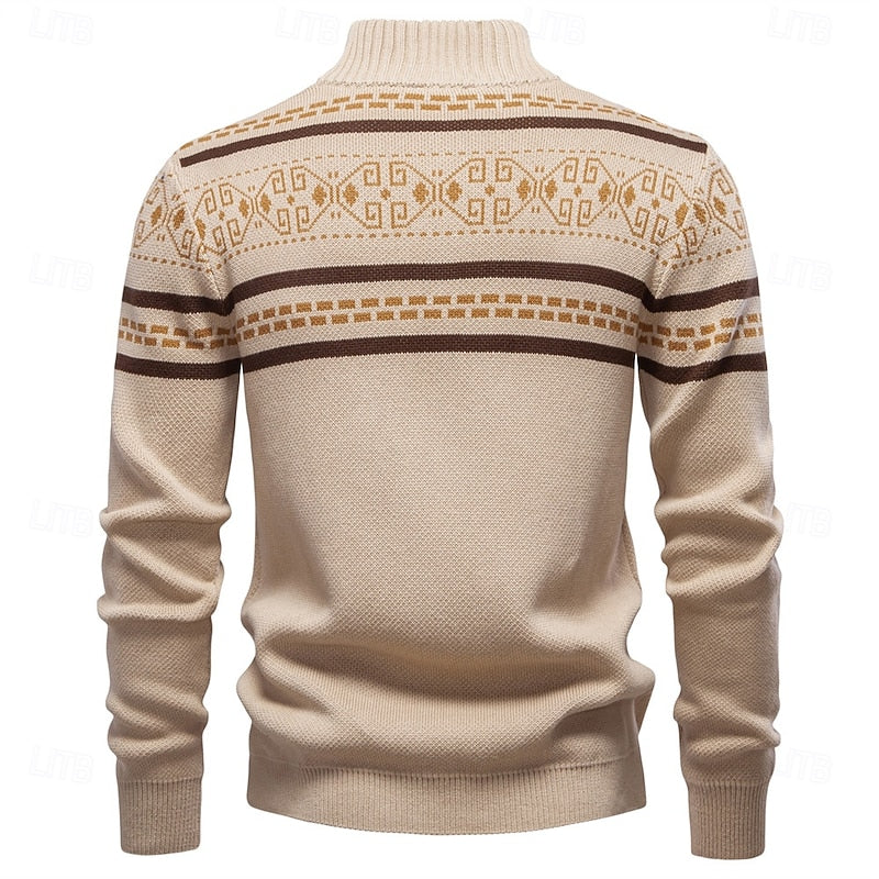 Women's Stand Collar Zip-Up Fair Isle Knit Cardigan
