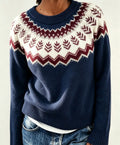 Women's Fair Isle Yoke Jumper with Plain Knit Body - Dark Blue