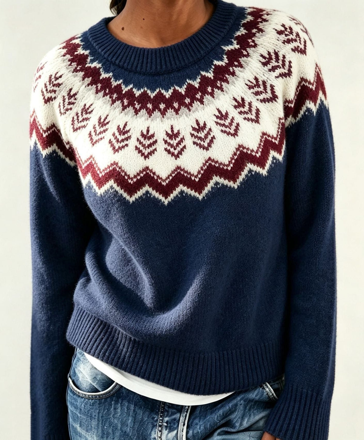 Women's Fair Isle Yoke Jumper with Plain Knit Body - Dark Blue
