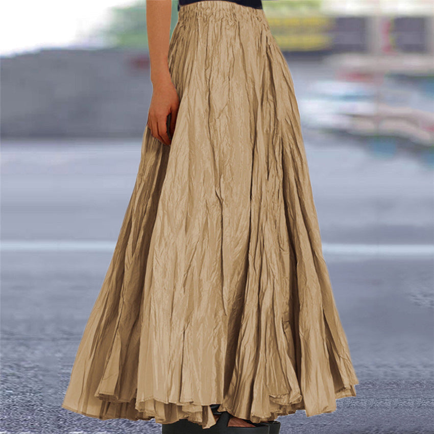 Women's Crinkle Pleated Maxi Skirt with Elasticated Waist – Khaki