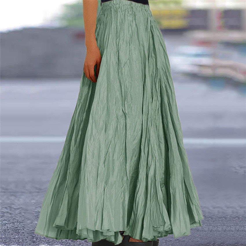 Women's Crinkle Pleated Maxi Skirt with Elasticated Waist – Green