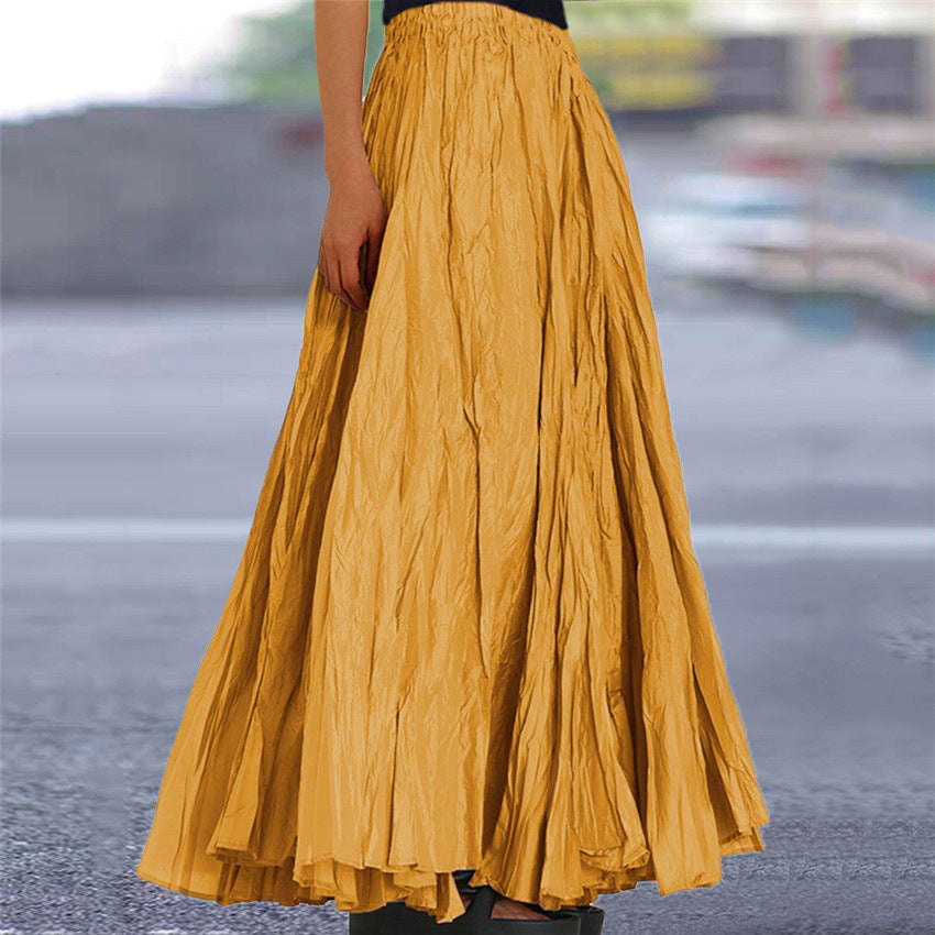 Women's Crinkle Pleated Maxi Skirt with Elasticated Waist – Yellow