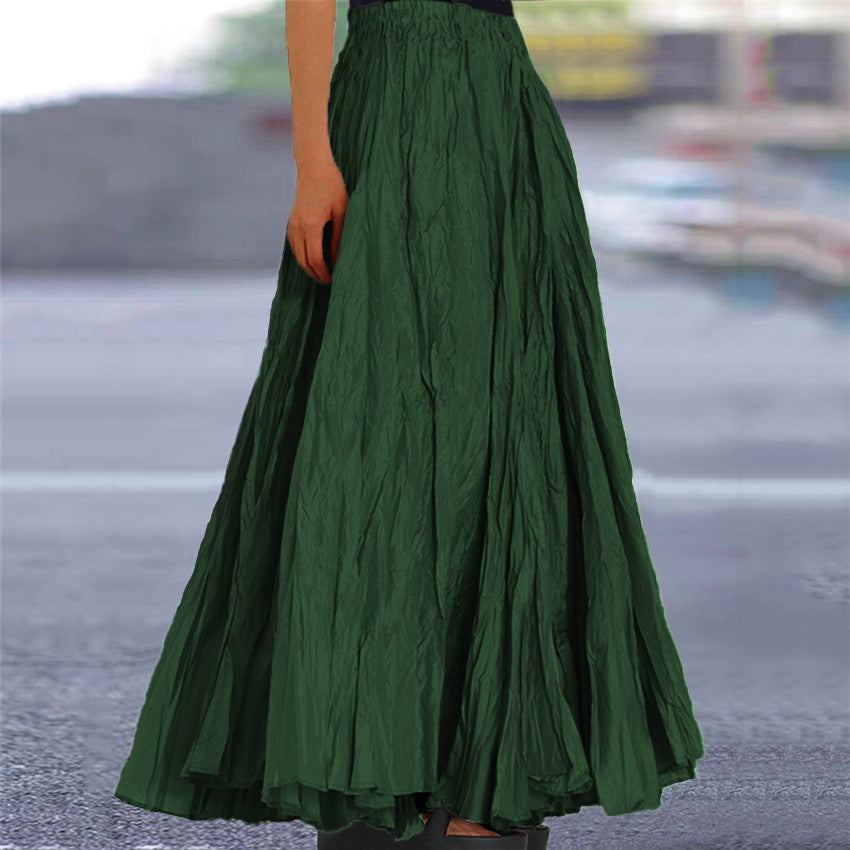 Women's Crinkle Pleated Maxi Skirt with Elasticated Waist – Dark Green