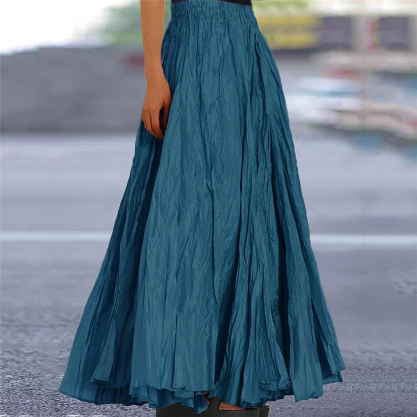 Women's Crinkle Pleated Maxi Skirt with Elasticated Waist – Blue