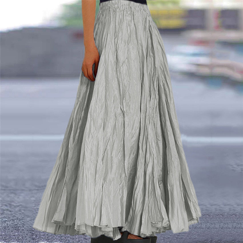 Women's Crinkle Pleated Maxi Skirt with Elasticated Waist – Light Grey