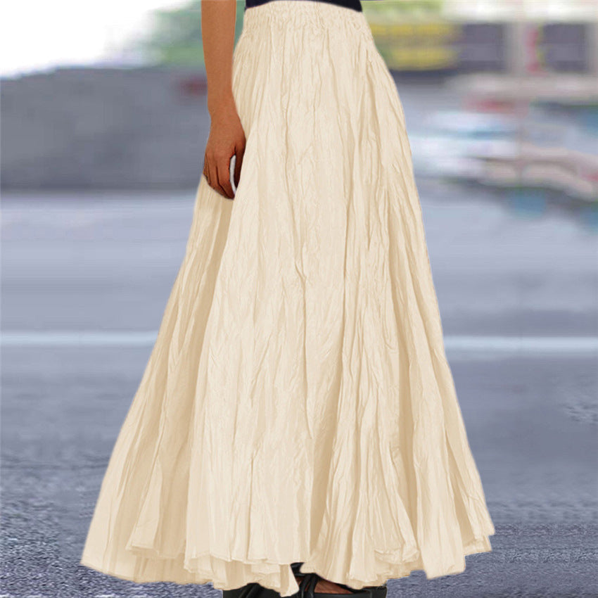 Women's Crinkle Pleated Maxi Skirt with Elasticated Waist – Apricot