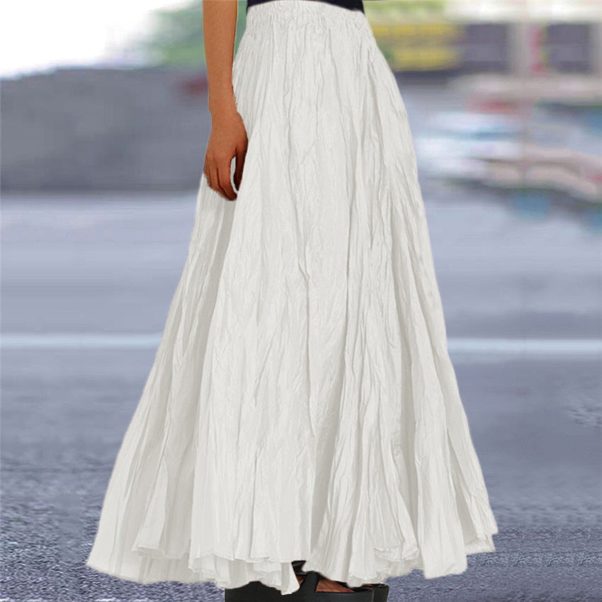 Women's Crinkle Pleated Maxi Skirt with Elasticated Waist – White