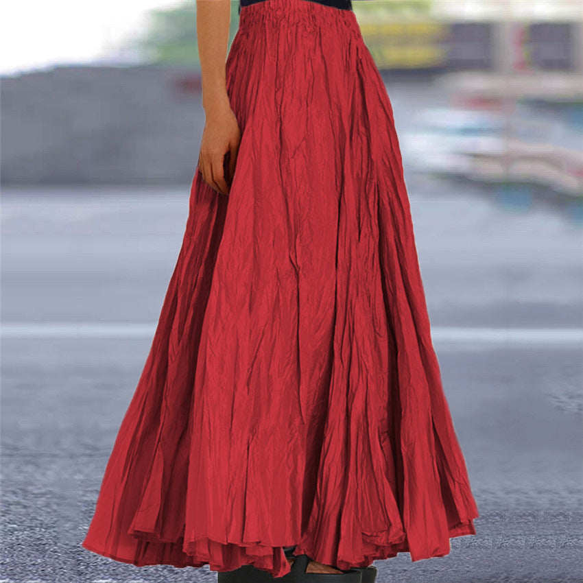 Women's Crinkle Pleated Maxi Skirt with Elasticated Waist – Red