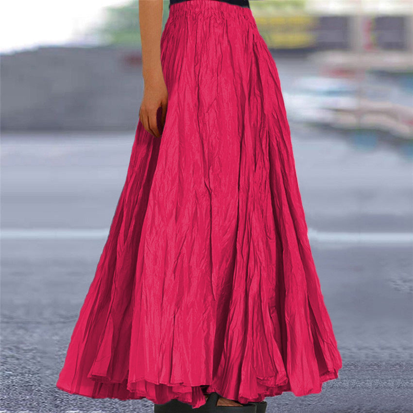 Women's Crinkle Pleated Maxi Skirt with Elasticated Waist – Dark Pink