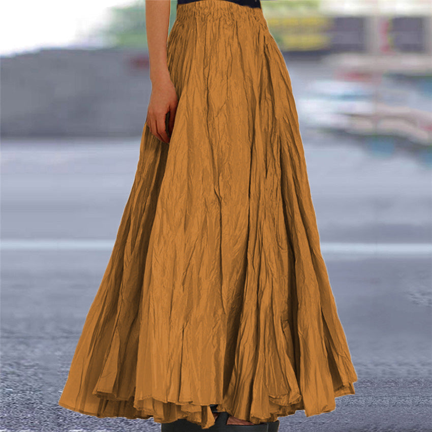 Women's Crinkle Pleated Maxi Skirt with Elasticated Waist – Brown