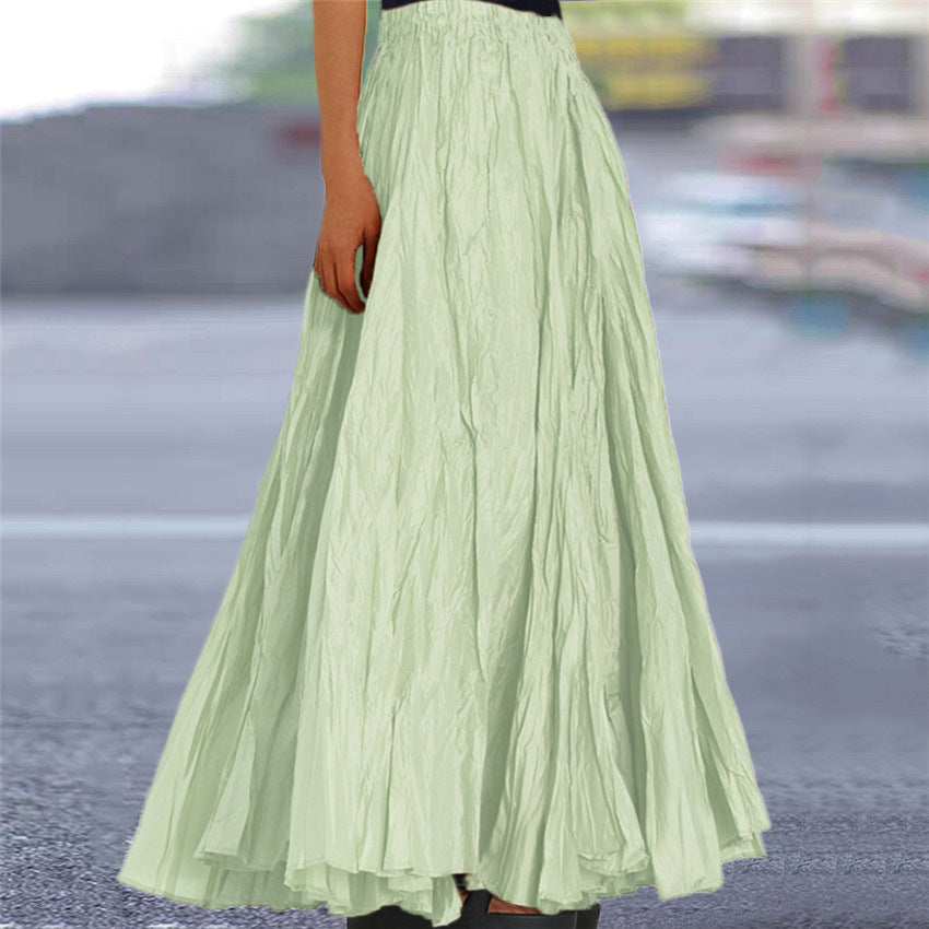 Women's Crinkle Pleated Maxi Skirt with Elasticated Waist – Light Green