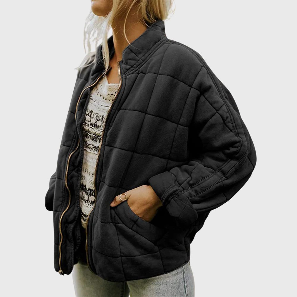 Women's Zip-Front Oversized Quilted Bomber – Black