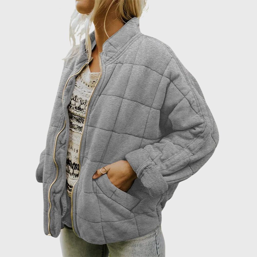 Women's Zip-Front Oversized Quilted Bomber – Gray