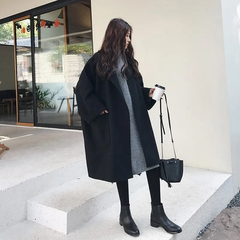 Women's Relaxed Longline Trench Coat in Wool Blend – Black