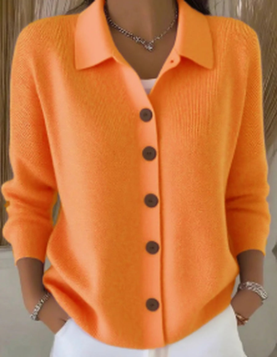 Women's Button-Front Cardigan with Structured Collar – Orange
